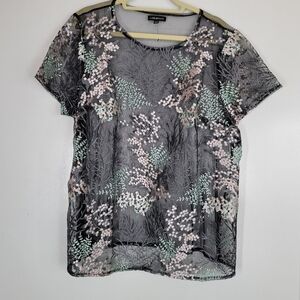 Lane Bryant Mesh Sheer Floral Embroidered Short Sleeve Shirt‎ Top Sz 18/20 Black
